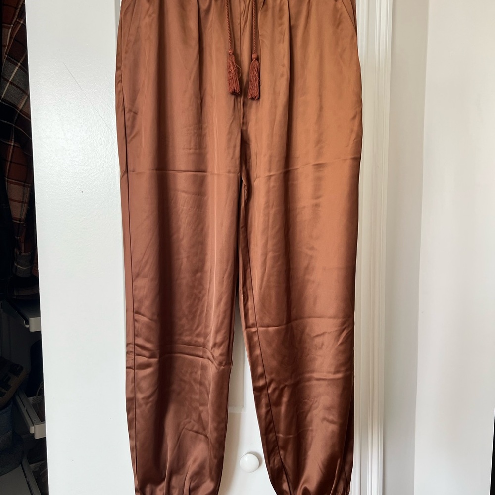 Allegra-K Brown/Copper Satin Joggers